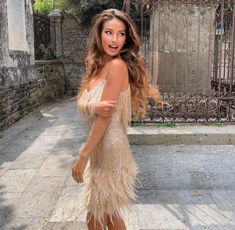 Alma | Vestido de cóctel para mujer con flecos y plumas