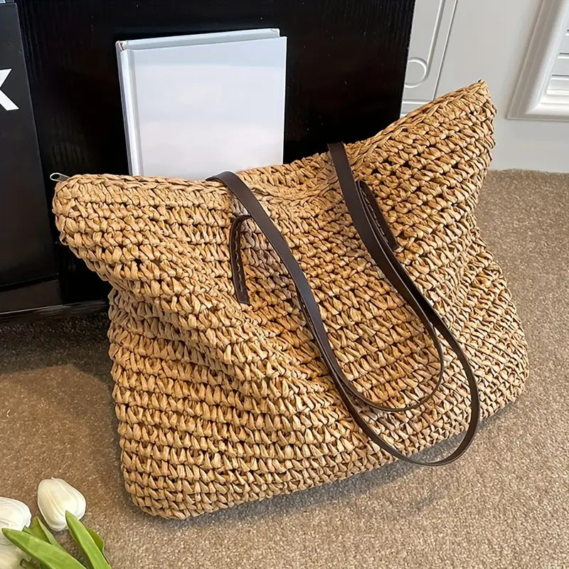 Bolso tote de paja trenzada | Bolso de hombro extragrande