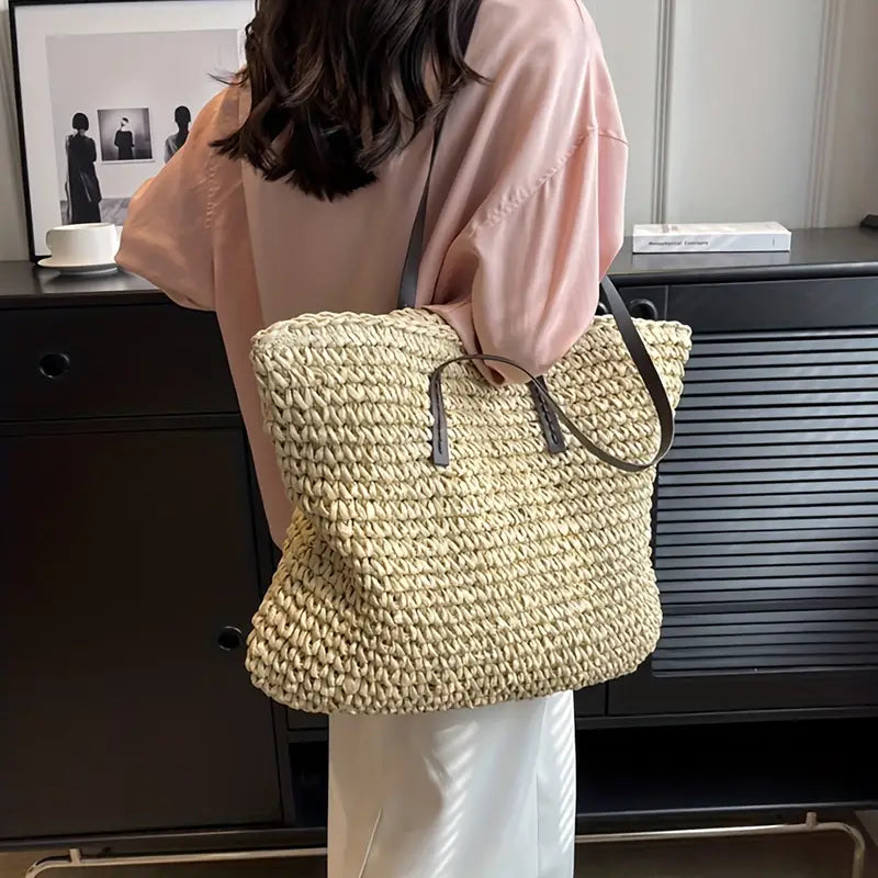 Bolso tote de paja trenzada | Bolso de hombro extragrande