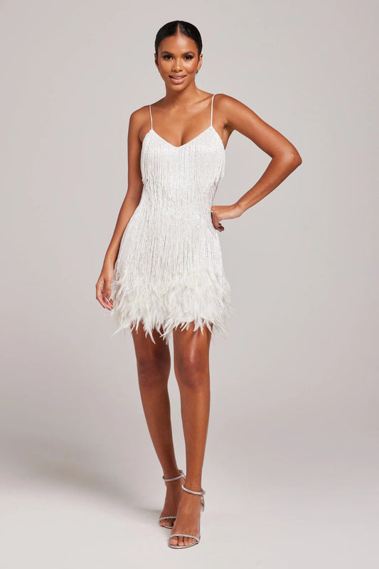 Alma | Vestido de cóctel para mujer con flecos y plumas